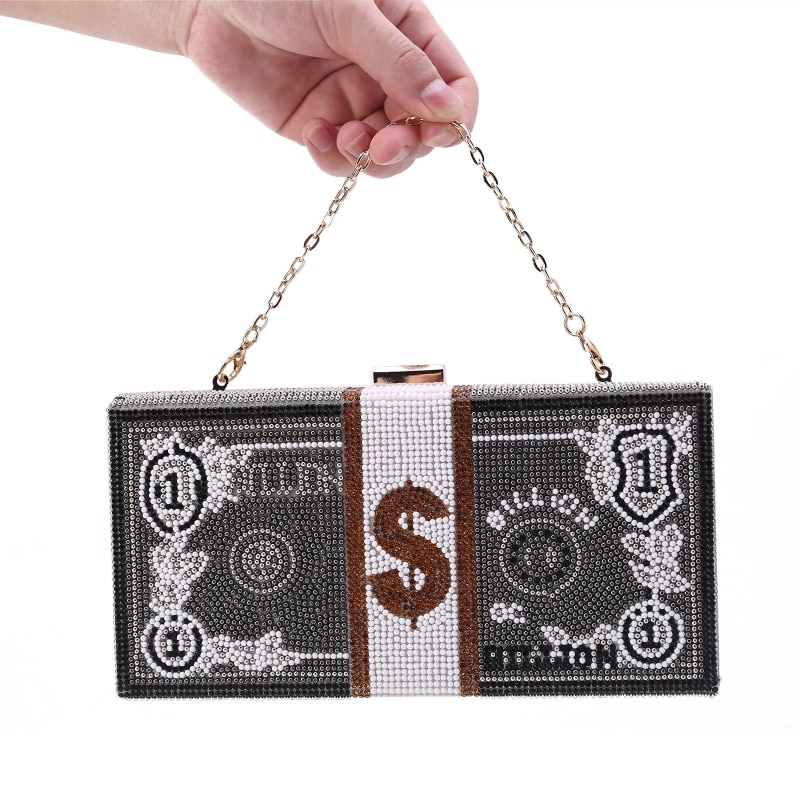 Money Clutch Rhinestone Purse 10000 Dollars Stack of Cash Evening Handbags Shoulder Wedding Dinner Bag 8 Color