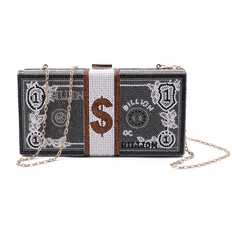 Money Clutch Rhinestone Purse 10000 Dollars Stack of Cash Evening Handbags Shoulder Wedding Dinner Bag 8 Color