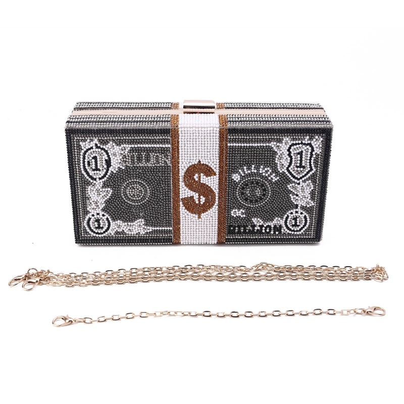 Money Clutch Rhinestone Purse 10000 Dollars Stack of Cash Evening Handbags Shoulder Wedding Dinner Bag 8 Color