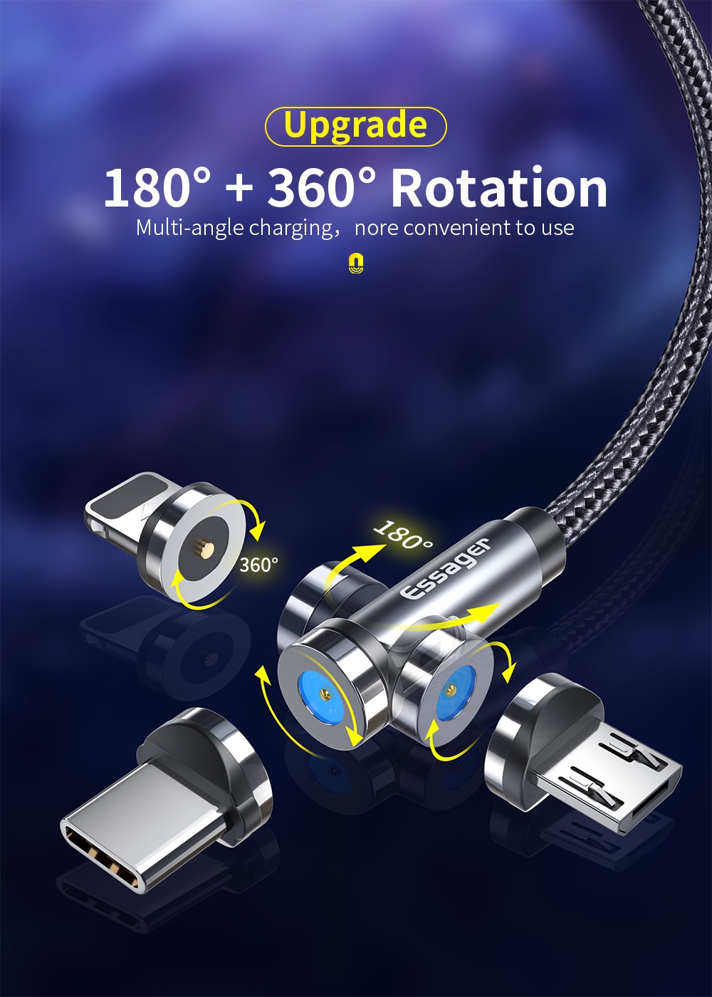 Rotate Magnetic Cable 360 Degree USB Type C Charging Cable Fast Charging Magnet Charger 540 Rotate Micro Magnetic Cable