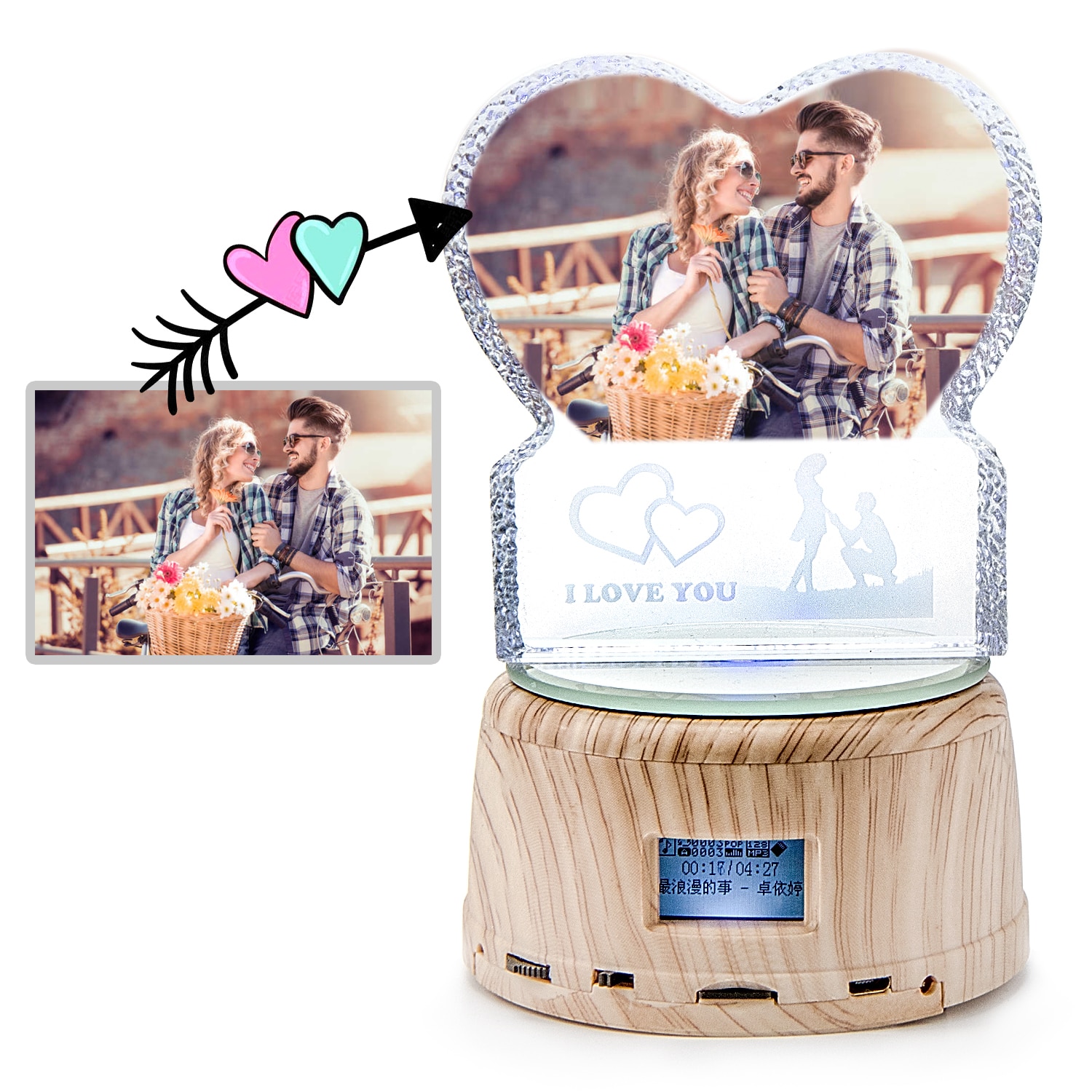 Personalized Crystal Photo Gifts Custom Picture Night Lamp Bluetooth Rotating Music Player Romantic Wedding Valentine's Day Gift