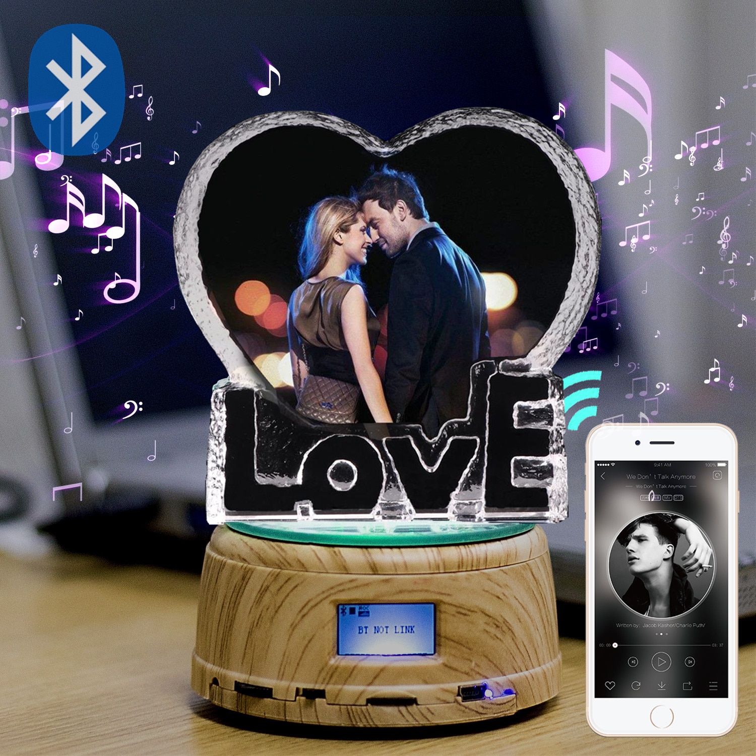 Personalized Crystal Photo Gifts Custom Picture Night Lamp Bluetooth Rotating Music Player Romantic Wedding Valentine's Day Gift