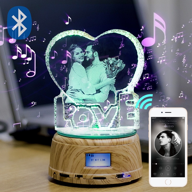 Personalized Crystal Photo Gifts Custom Picture Night Lamp Bluetooth Rotating Music Player Romantic Wedding Valentine's Day Gift