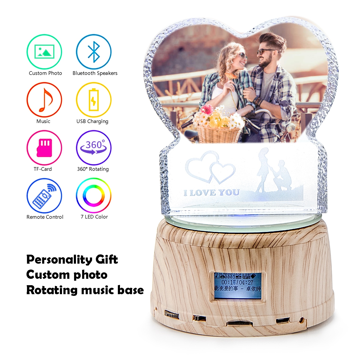 Personalized Crystal Photo Gifts Custom Picture Night Lamp Bluetooth Rotating Music Player Romantic Wedding Valentine's Day Gift