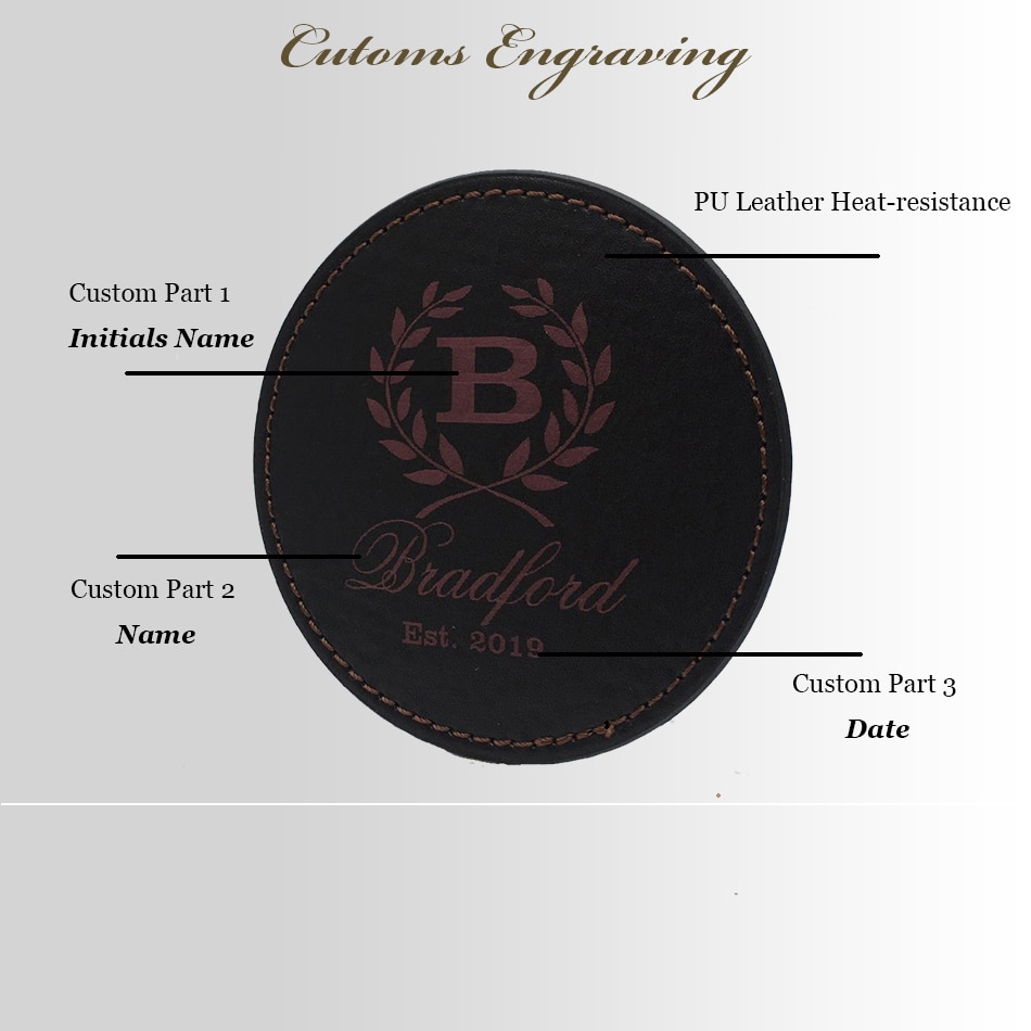 Personalized Leather Coasters Set of 6 Round/Square ,Custom Engraved