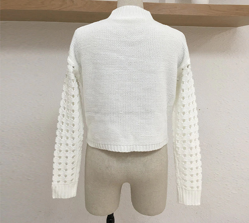 Elegant High Neck PomPom Knitted Sweater Women Long Sleeve Cropped Sweater Autumn Winter Short Slim Pullover White Jumper