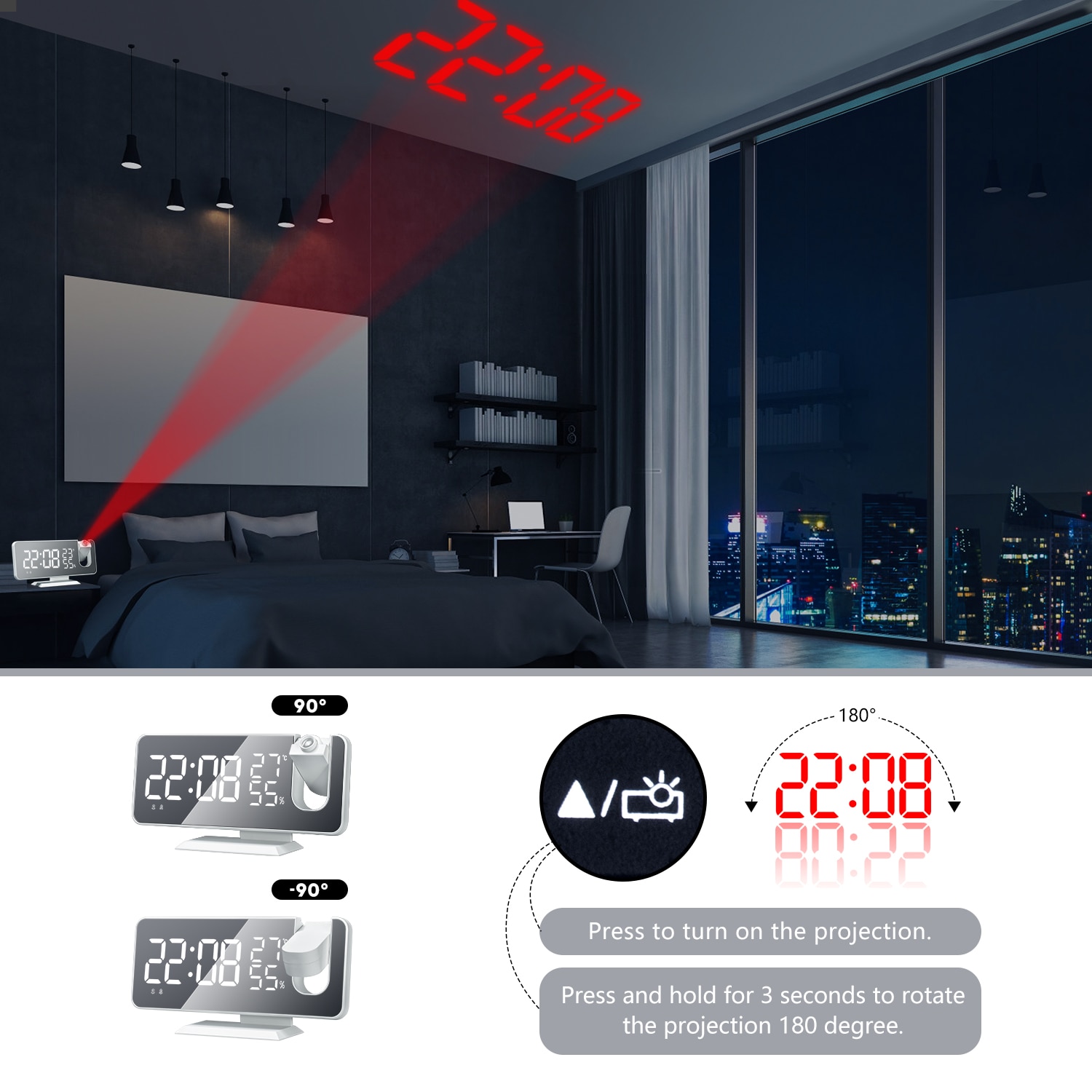 3D Projection Alarm Clock  Radio Digital Clock with USB Charger 18CM Large Mirror LED Display Alarm Clock Auto Dimmer