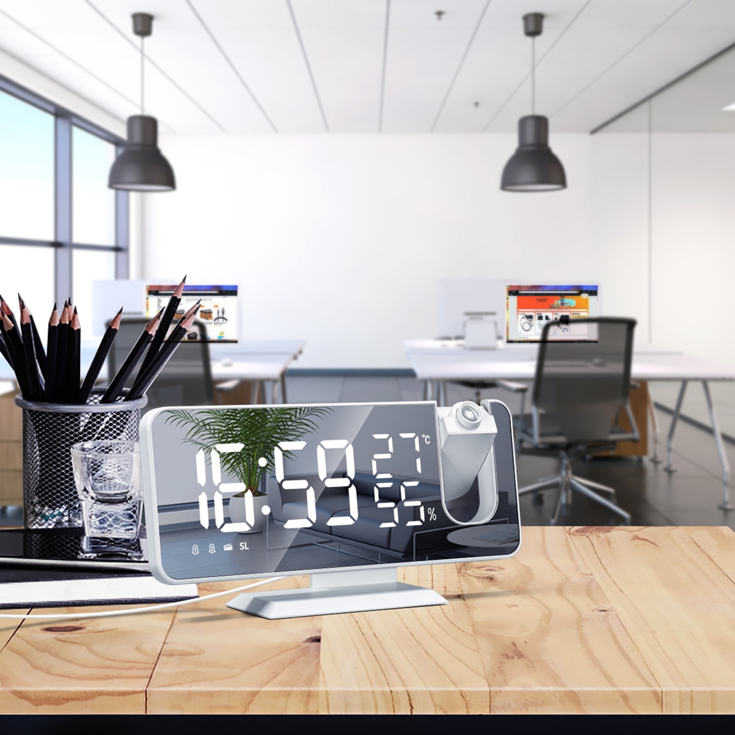 3D Projection Alarm Clock  Radio Digital Clock with USB Charger 18CM Large Mirror LED Display Alarm Clock Auto Dimmer