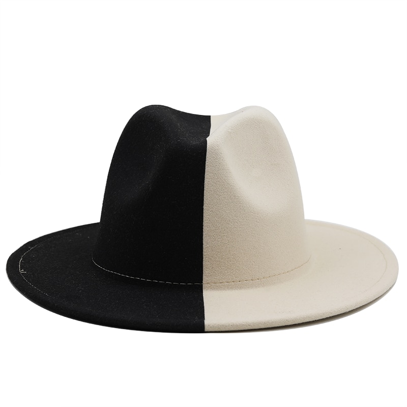 Black White Patchwork Wool Felt Jazz Fedora Hat Women Unisex Wide Brim Panama Party Trilby Cowboy Cap Men Gentleman Wedding Hat