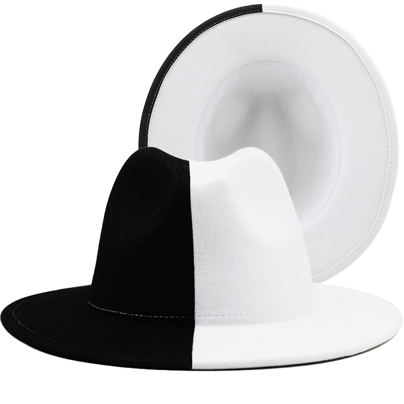 Black White Patchwork Wool Felt Jazz Fedora Hat Women Unisex Wide Brim Panama Party Trilby Cowboy Cap Men Gentleman Wedding Hat