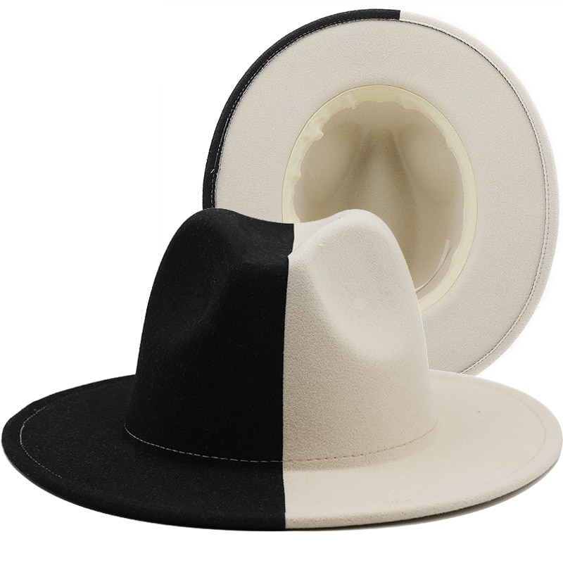 Black White Patchwork Wool Felt Jazz Fedora Hat Women Unisex Wide Brim Panama Party Trilby Cowboy Cap Men Gentleman Wedding Hat