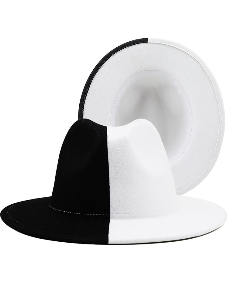 Black White Patchwork Wool Felt Jazz Fedora Hat Women Unisex Wide Brim Panama Party Trilby Cowboy Cap Men Gentleman Wedding Hat