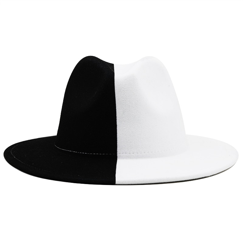 Black White Patchwork Wool Felt Jazz Fedora Hat Women Unisex Wide Brim Panama Party Trilby Cowboy Cap Men Gentleman Wedding Hat