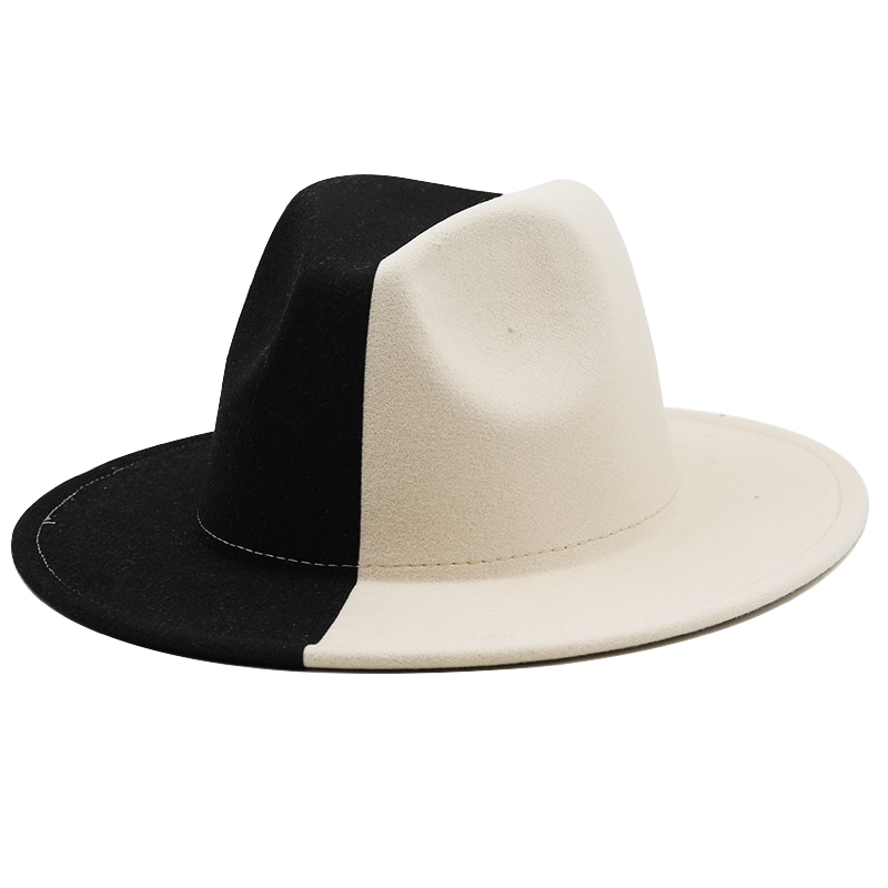 Black White Patchwork Wool Felt Jazz Fedora Hat Women Unisex Wide Brim Panama Party Trilby Cowboy Cap Men Gentleman Wedding Hat