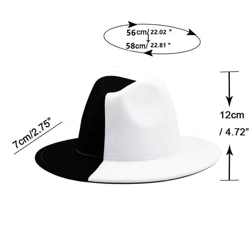 Black White Patchwork Wool Felt Jazz Fedora Hat Women Unisex Wide Brim Panama Party Trilby Cowboy Cap Men Gentleman Wedding Hat