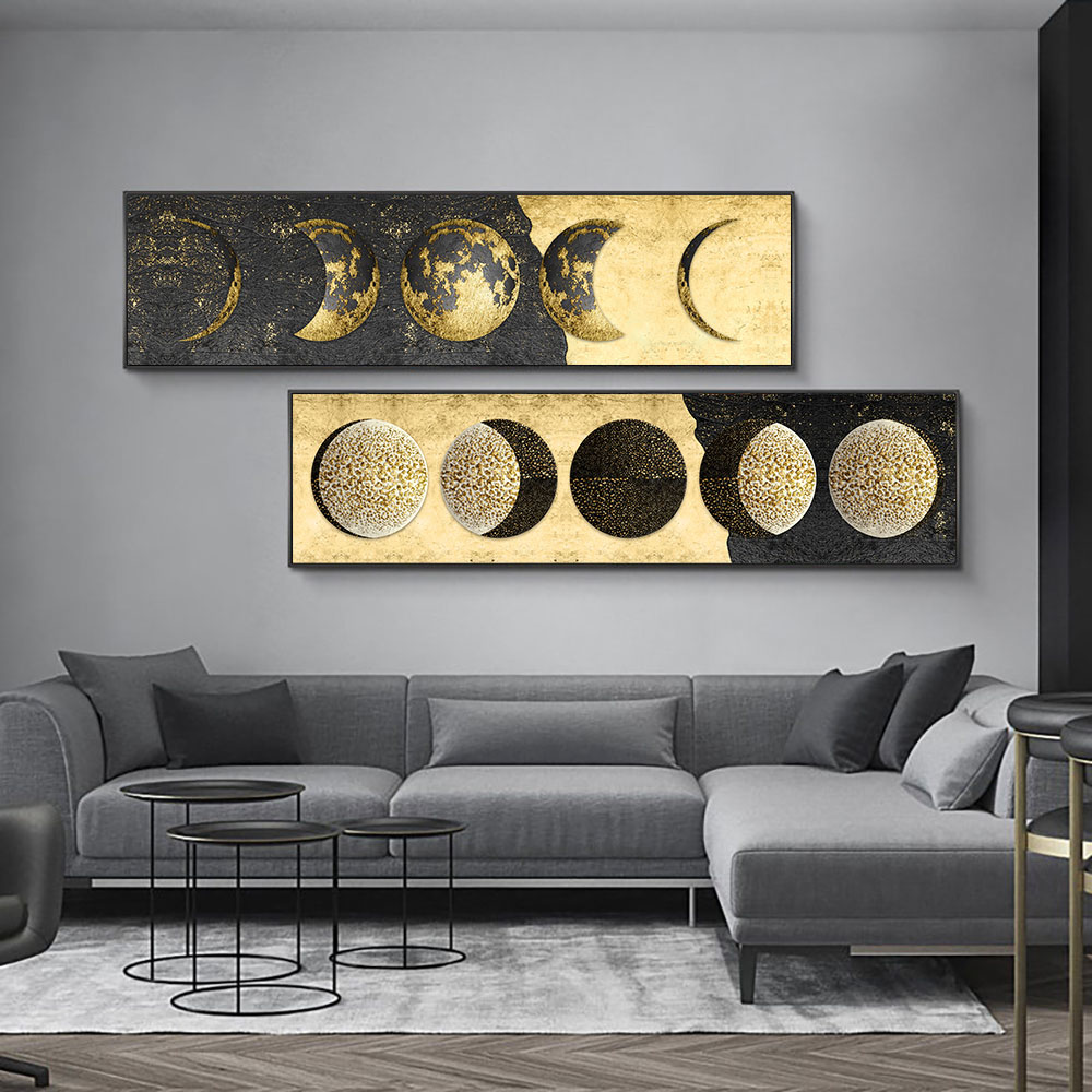 Golden Moon Wall Art Posters Prints Moon Phase Canvas Painting Big Size Planet Solar Wall Pictures for Living Room Decor Cuadros