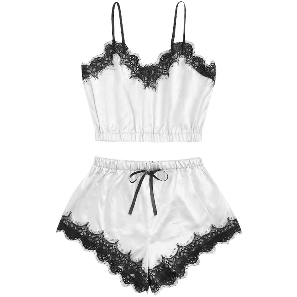 Women Sleepwear Sleeveless Strap Nightwear Lace Trim Satin Cami Top Pajama Sets Solid Femme Sexy Lingerie Pyjamas Feminino