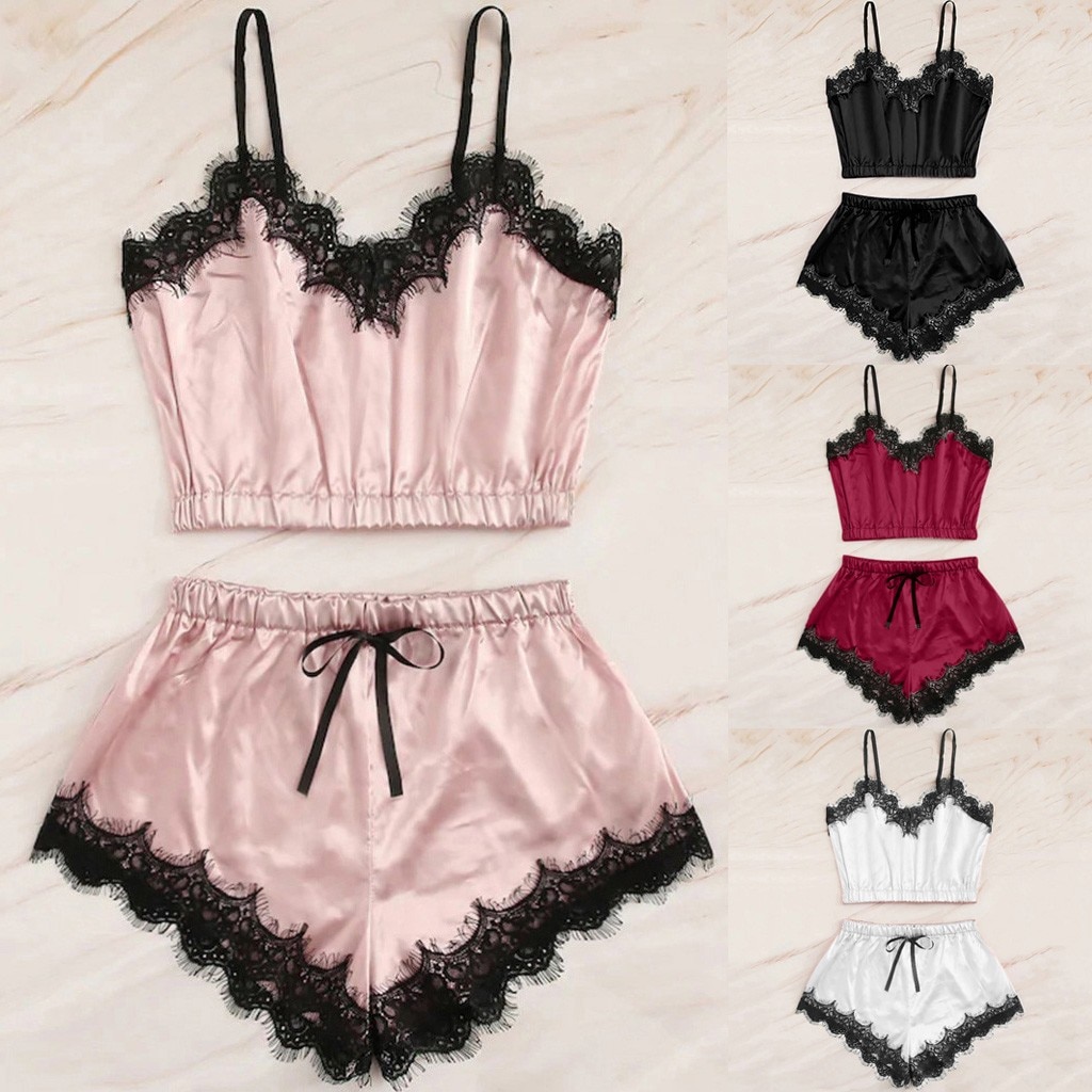 Women Sleepwear Sleeveless Strap Nightwear Lace Trim Satin Cami Top Pajama Sets Solid Femme Sexy Lingerie Pyjamas Feminino