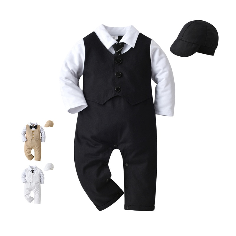 Gentleman Baby Boy Baptism Birthday Clothes Set Formal 0-18 Months Infant Romper Bow Hat 3 PCS Suit Children Christening Outfit