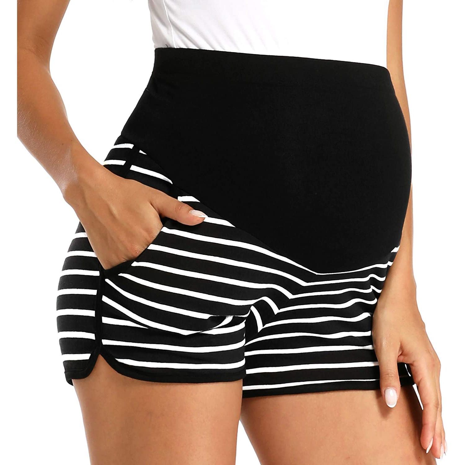 Womens Shorts Striped Loose Maternity Stretchy High Waist Shorts Pants Pregnancy Pocket Loose Hot Pants Summer Beach Shorts