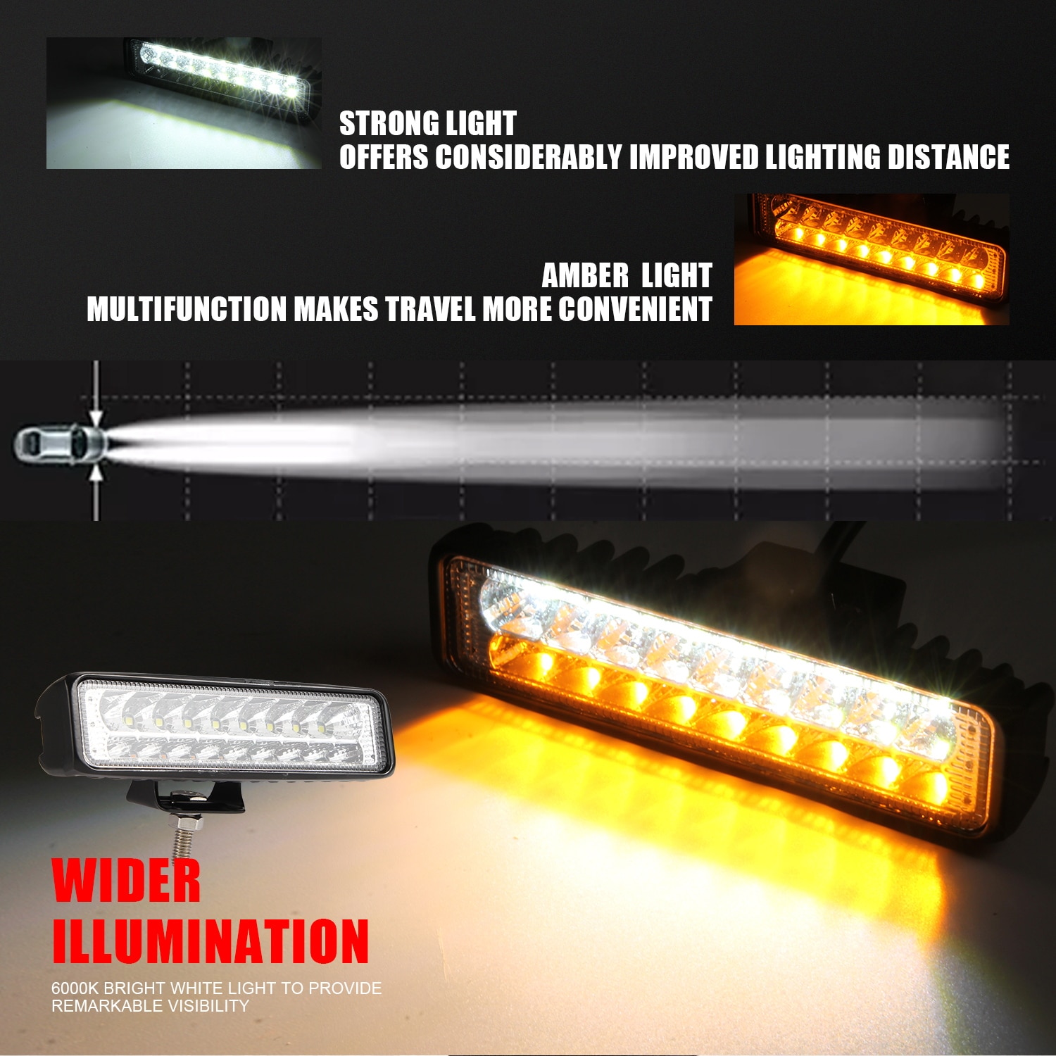 1pcs 6 Inch LED Amber/White Work Light Bar Flood Fog Driving Lamp Car Truck SUV ATV 4WD Motorcycle Boat Tractor Trailer Offroad