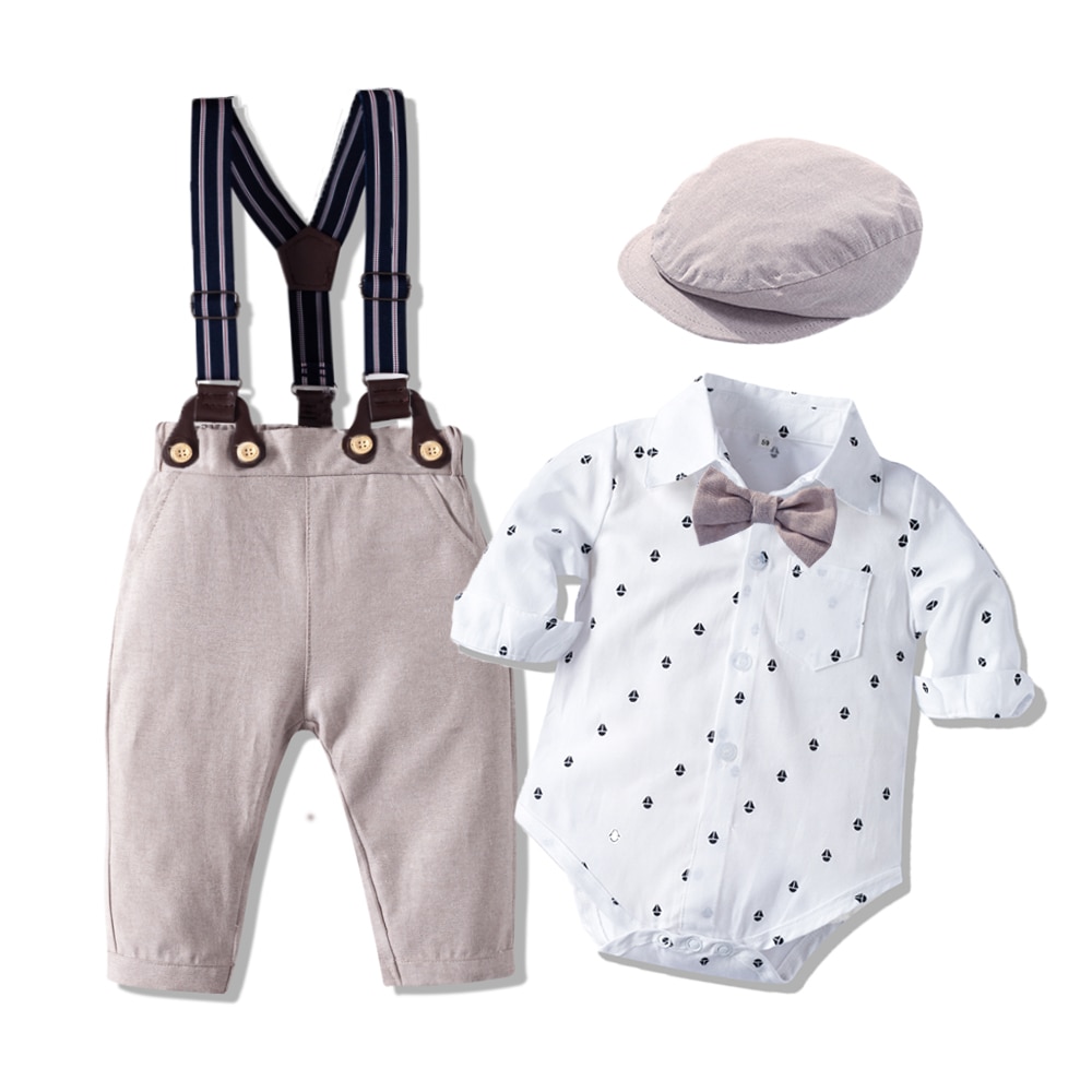 Baby Suits Newborn Boy Clothes Romper + Vest + Hat Formal Clothing Outfit Party Bow Tie Children Toddler Birthday Dress 0- 24 M