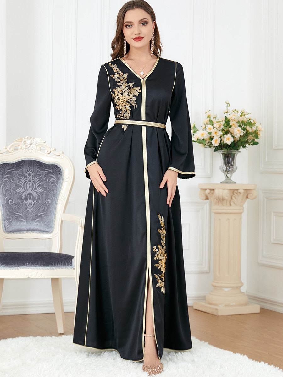 Elegant Muslim Dress Women Abaya Belted Embroidery Split Morocco Party Dress Kaftan Turkey Arab Long Robe Vestidos Dubai Dresses