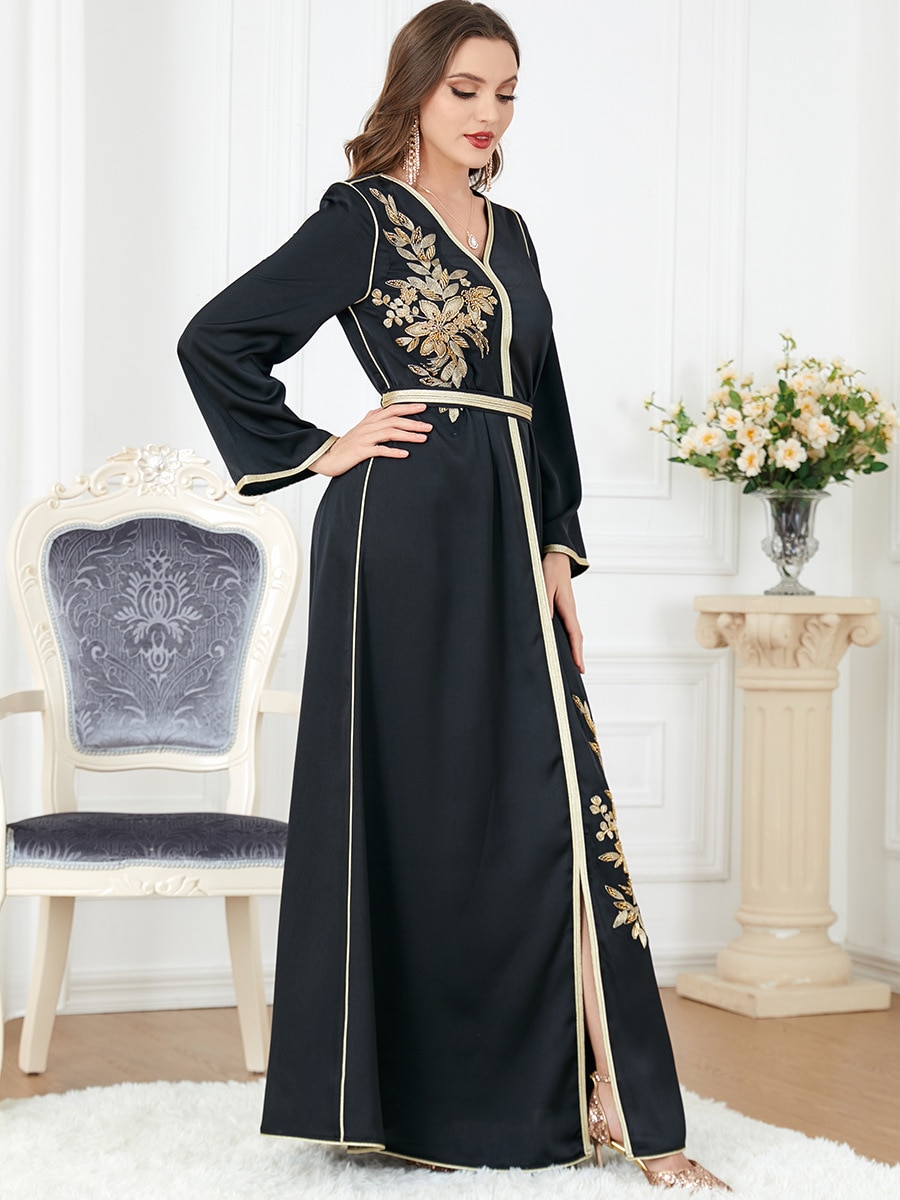 Elegant Muslim Dress Women Abaya Belted Embroidery Split Morocco Party Dress Kaftan Turkey Arab Long Robe Vestidos Dubai Dresses