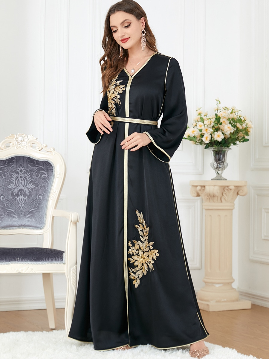 Elegant Muslim Dress Women Abaya Belted Embroidery Split Morocco Party Dress Kaftan Turkey Arab Long Robe Vestidos Dubai Dresses