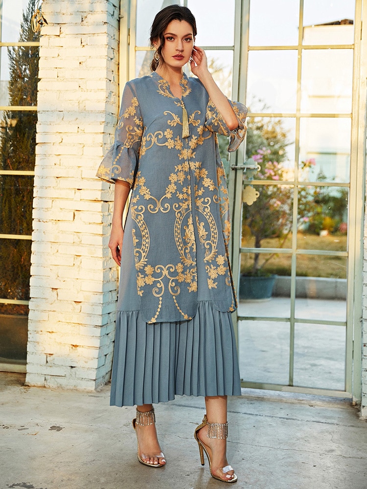 TOLEEN Women Luxury Elegant Maxi Long Shirt Dresses 2022 Summer Casual Embroidery Abaya Muslim Turkey Evening Party Robe Vestido